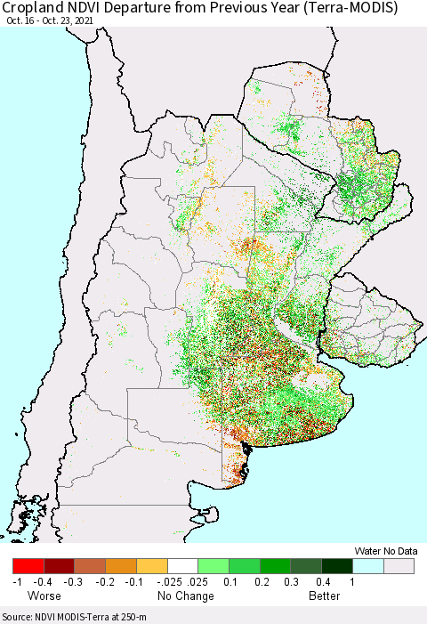 Southern South America Cropland NDVI Departure from Previous Year (Terra-MODIS) Thematic Map For 10/16/2021 - 10/23/2021