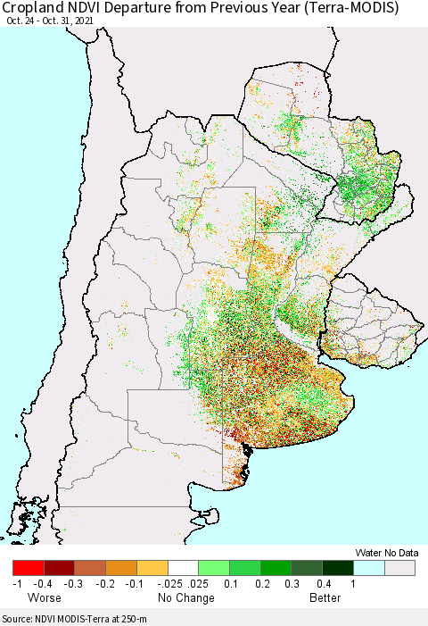 Southern South America Cropland NDVI Departure from Previous Year (Terra-MODIS) Thematic Map For 10/21/2021 - 10/31/2021