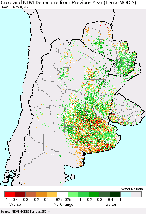 Southern South America Cropland NDVI Departure from Previous Year (Terra-MODIS) Thematic Map For 11/1/2021 - 11/8/2021