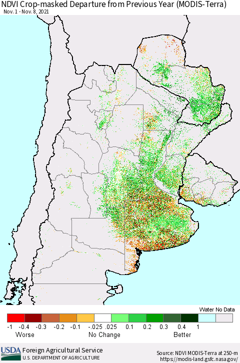 Southern South America Cropland NDVI Departure from Previous Year (Terra-MODIS) Thematic Map For 11/1/2021 - 11/10/2021