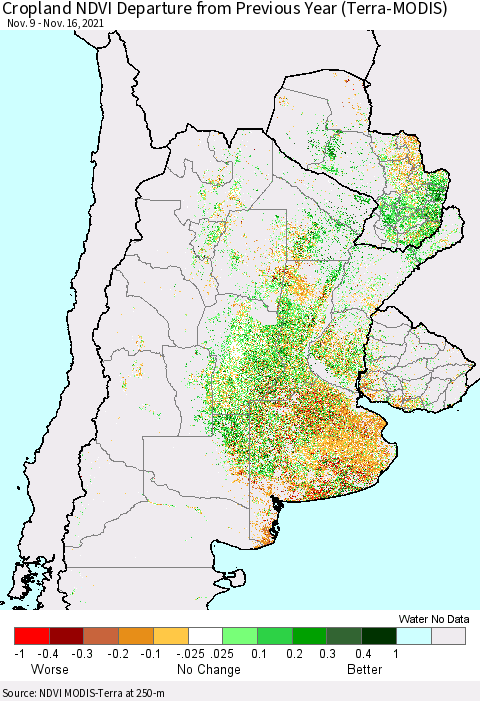 Southern South America Cropland NDVI Departure from Previous Year (Terra-MODIS) Thematic Map For 11/9/2021 - 11/16/2021
