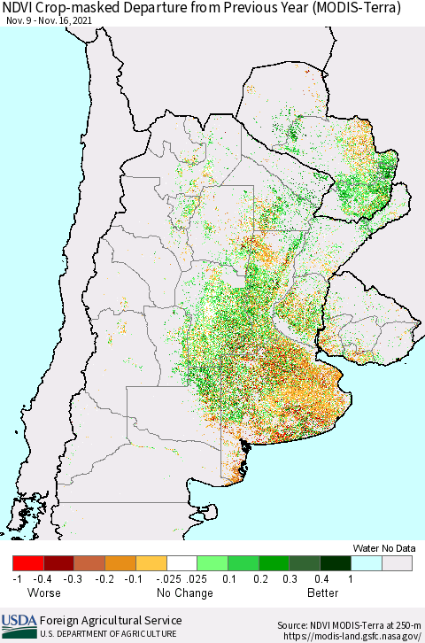Southern South America Cropland NDVI Departure from Previous Year (Terra-MODIS) Thematic Map For 11/11/2021 - 11/20/2021