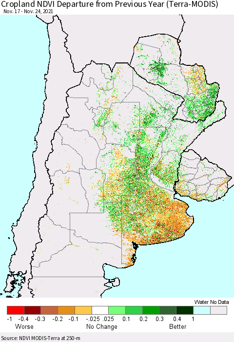 Southern South America Cropland NDVI Departure from Previous Year (Terra-MODIS) Thematic Map For 11/17/2021 - 11/24/2021