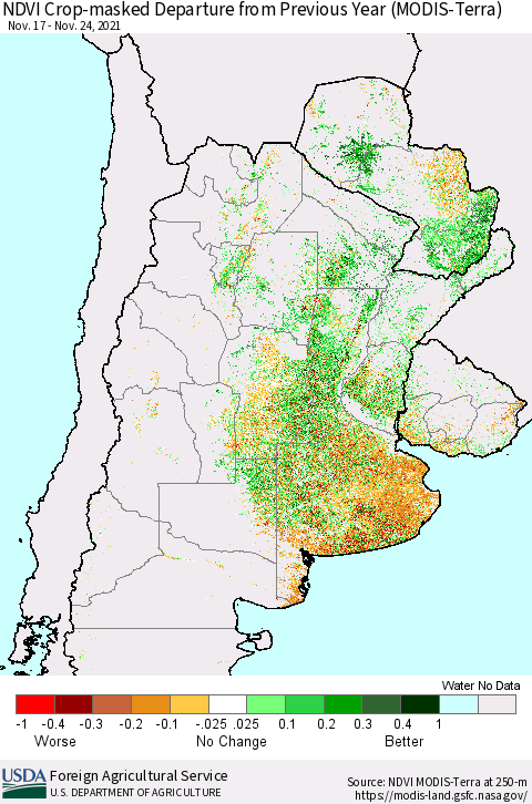 Southern South America Cropland NDVI Departure from Previous Year (Terra-MODIS) Thematic Map For 11/21/2021 - 11/30/2021