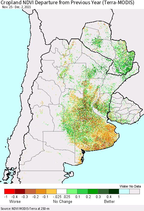 Southern South America Cropland NDVI Departure from Previous Year (Terra-MODIS) Thematic Map For 11/25/2021 - 12/2/2021