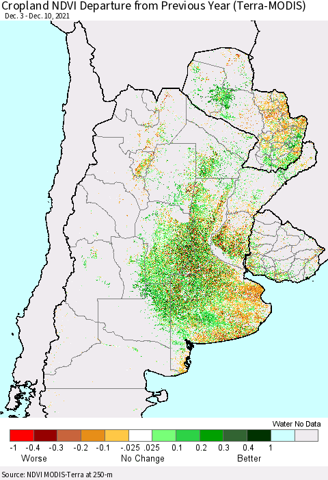 Southern South America Cropland NDVI Departure from Previous Year (Terra-MODIS) Thematic Map For 12/3/2021 - 12/10/2021