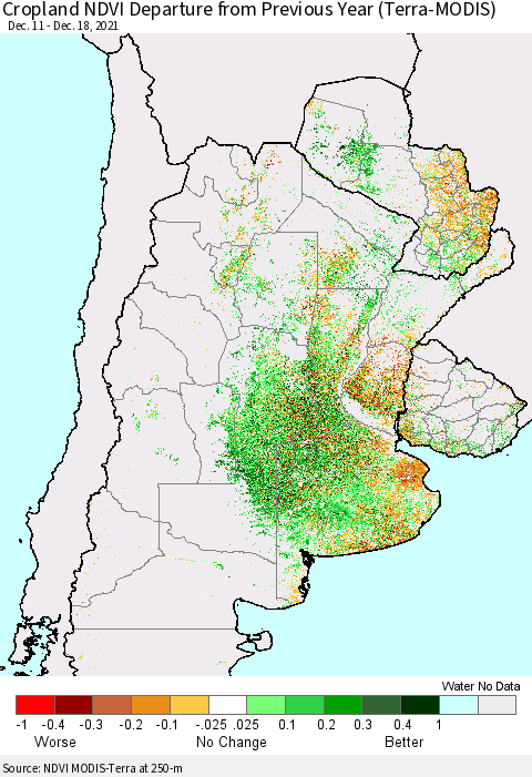 Southern South America Cropland NDVI Departure from Previous Year (Terra-MODIS) Thematic Map For 12/11/2021 - 12/18/2021
