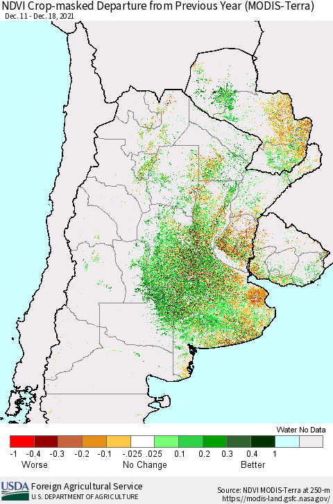 Southern South America Cropland NDVI Departure from Previous Year (Terra-MODIS) Thematic Map For 12/11/2021 - 12/20/2021