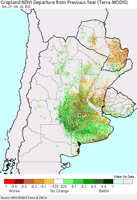 Southern South America Cropland NDVI Departure from Previous Year (Terra-MODIS) Thematic Map For 12/19/2021 - 12/26/2021