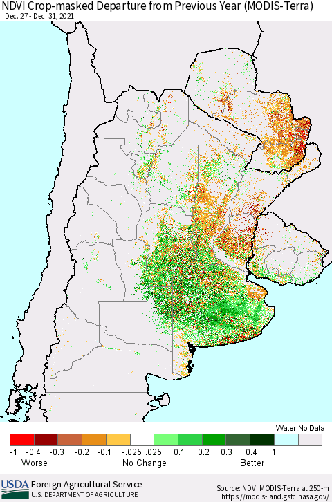 Southern South America Cropland NDVI Departure from Previous Year (Terra-MODIS) Thematic Map For 12/21/2021 - 12/31/2021