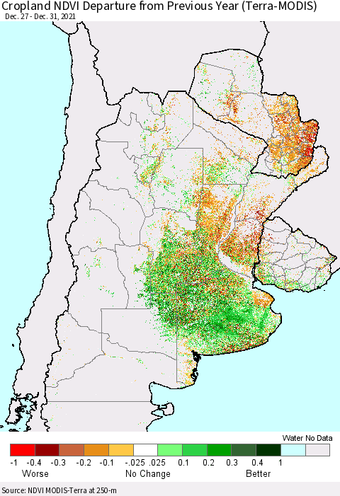 Southern South America Cropland NDVI Departure from Previous Year (Terra-MODIS) Thematic Map For 12/26/2021 - 1/2/2022
