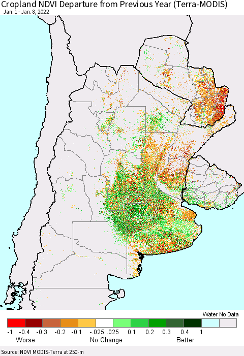 Southern South America Cropland NDVI Departure from Previous Year (Terra-MODIS) Thematic Map For 1/1/2022 - 1/8/2022