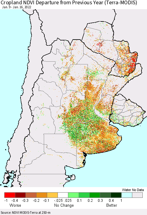 Southern South America Cropland NDVI Departure from Previous Year (Terra-MODIS) Thematic Map For 1/9/2022 - 1/16/2022