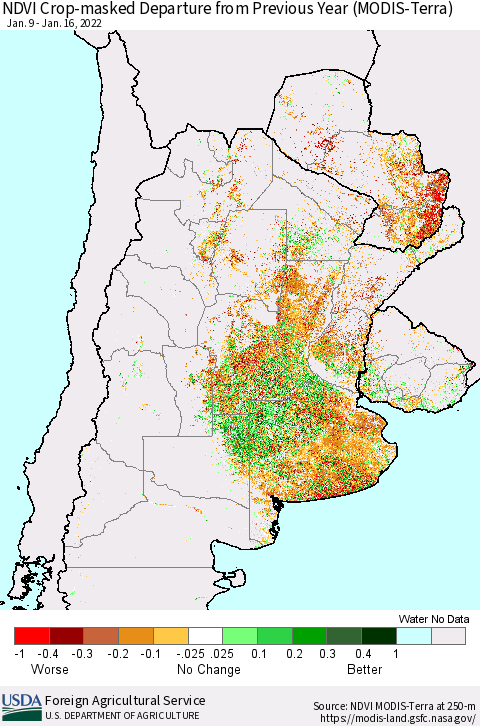 Southern South America Cropland NDVI Departure from Previous Year (Terra-MODIS) Thematic Map For 1/11/2022 - 1/20/2022