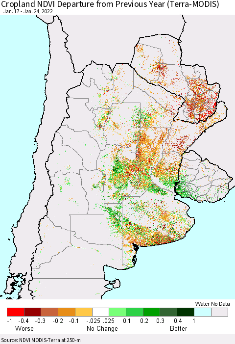 Southern South America Cropland NDVI Departure from Previous Year (Terra-MODIS) Thematic Map For 1/17/2022 - 1/24/2022
