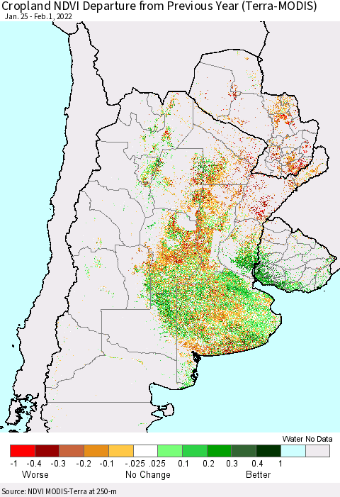 Southern South America Cropland NDVI Departure from Previous Year (Terra-MODIS) Thematic Map For 1/25/2022 - 2/1/2022