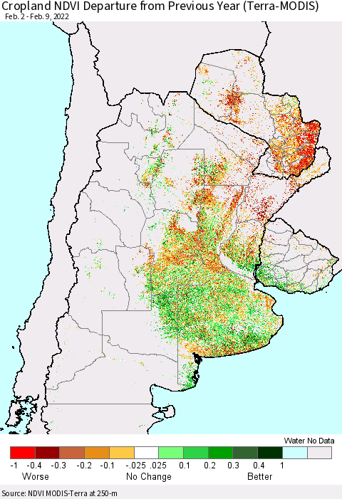 Southern South America Cropland NDVI Departure from Previous Year (Terra-MODIS) Thematic Map For 2/2/2022 - 2/9/2022