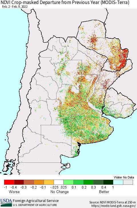 Southern South America Cropland NDVI Departure from Previous Year (Terra-MODIS) Thematic Map For 2/1/2022 - 2/10/2022