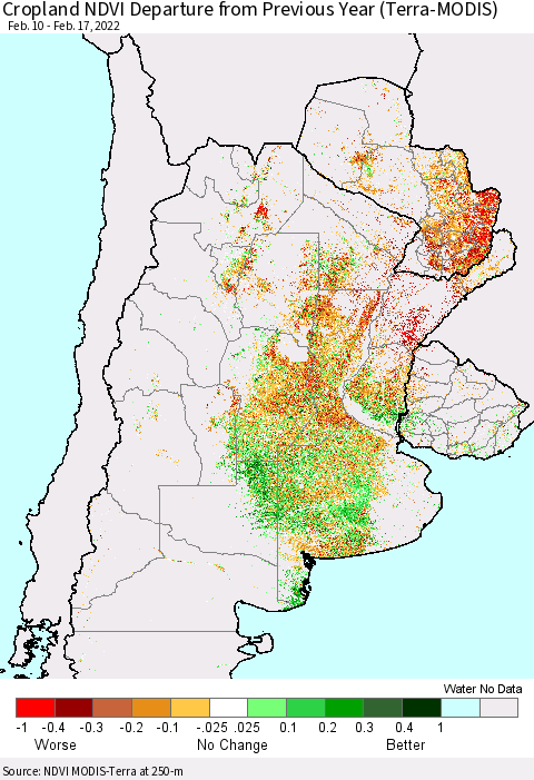 Southern South America Cropland NDVI Departure from Previous Year (Terra-MODIS) Thematic Map For 2/10/2022 - 2/17/2022