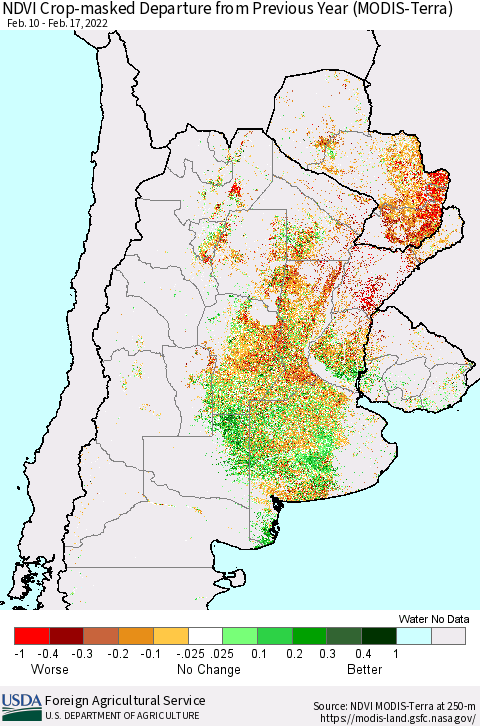 Southern South America Cropland NDVI Departure from Previous Year (Terra-MODIS) Thematic Map For 2/11/2022 - 2/20/2022