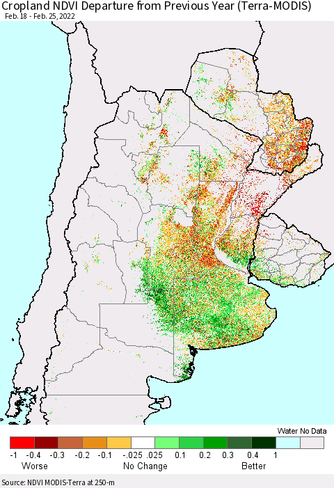Southern South America Cropland NDVI Departure from Previous Year (Terra-MODIS) Thematic Map For 2/18/2022 - 2/25/2022