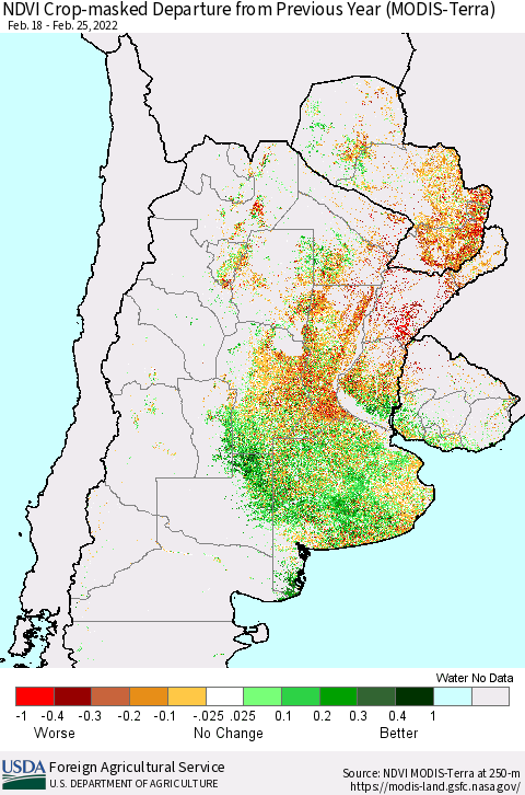 Southern South America Cropland NDVI Departure from Previous Year (Terra-MODIS) Thematic Map For 2/21/2022 - 2/28/2022