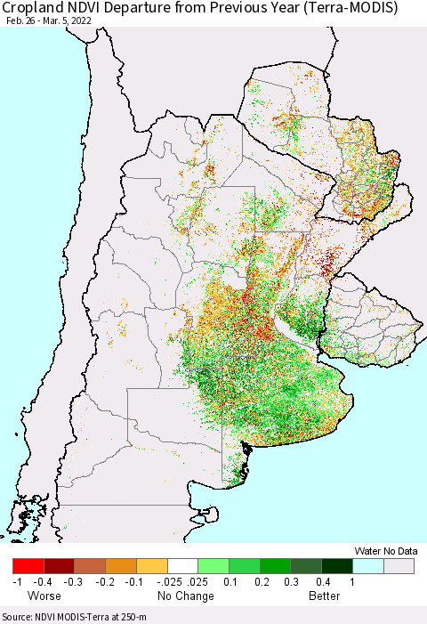 Southern South America Cropland NDVI Departure from Previous Year (Terra-MODIS) Thematic Map For 2/26/2022 - 3/5/2022