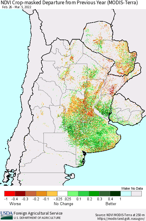 Southern South America Cropland NDVI Departure from Previous Year (Terra-MODIS) Thematic Map For 3/1/2022 - 3/10/2022