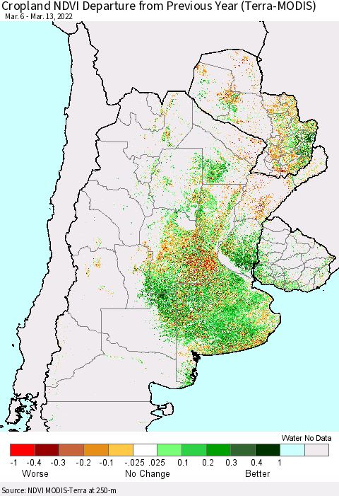 Southern South America Cropland NDVI Departure from Previous Year (Terra-MODIS) Thematic Map For 3/6/2022 - 3/13/2022