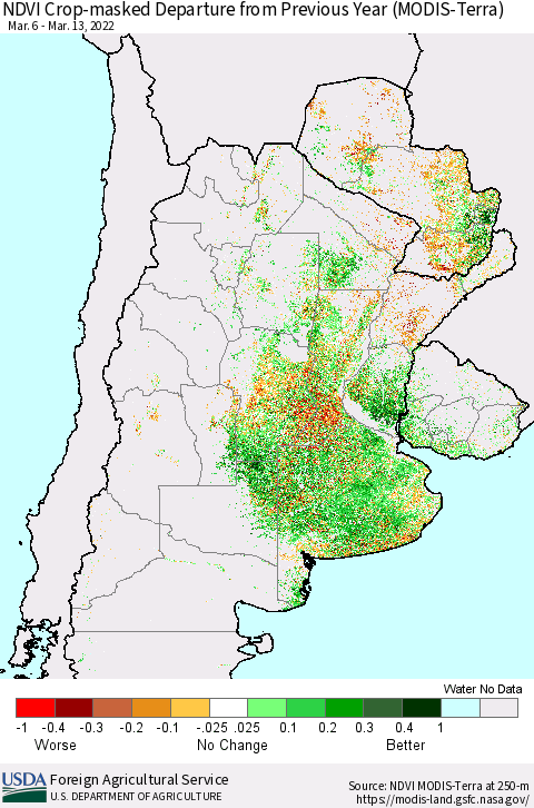Southern South America Cropland NDVI Departure from Previous Year (Terra-MODIS) Thematic Map For 3/11/2022 - 3/20/2022