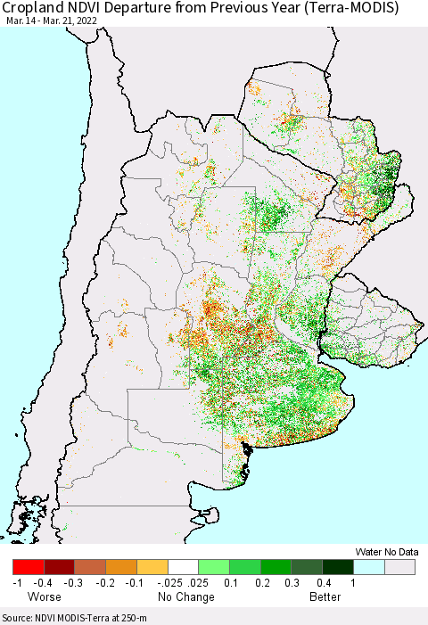 Southern South America Cropland NDVI Departure from Previous Year (Terra-MODIS) Thematic Map For 3/14/2022 - 3/21/2022