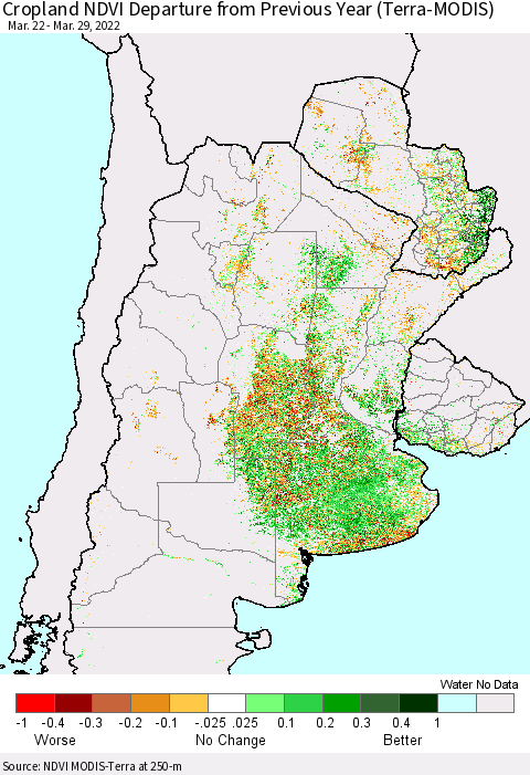 Southern South America Cropland NDVI Departure from Previous Year (Terra-MODIS) Thematic Map For 3/22/2022 - 3/29/2022