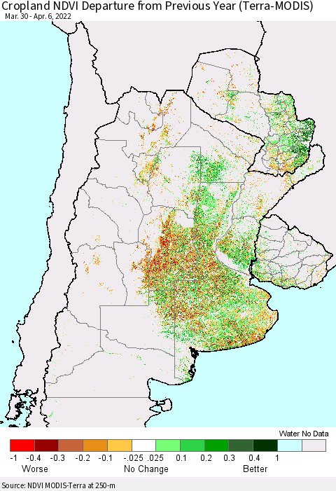 Southern South America Cropland NDVI Departure from Previous Year (Terra-MODIS) Thematic Map For 3/30/2022 - 4/6/2022