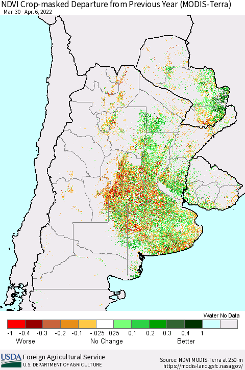 Southern South America Cropland NDVI Departure from Previous Year (Terra-MODIS) Thematic Map For 4/1/2022 - 4/10/2022