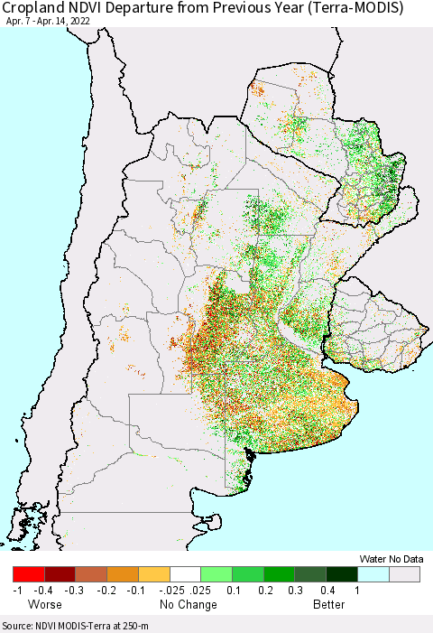 Southern South America Cropland NDVI Departure from Previous Year (Terra-MODIS) Thematic Map For 4/7/2022 - 4/14/2022