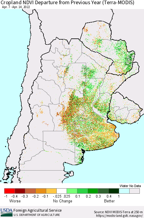 Southern South America Cropland NDVI Departure from Previous Year (Terra-MODIS) Thematic Map For 4/11/2022 - 4/20/2022
