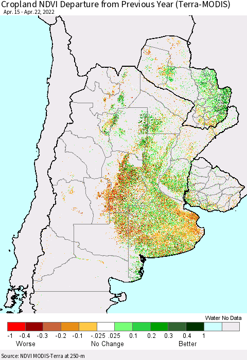 Southern South America Cropland NDVI Departure from Previous Year (Terra-MODIS) Thematic Map For 4/15/2022 - 4/22/2022