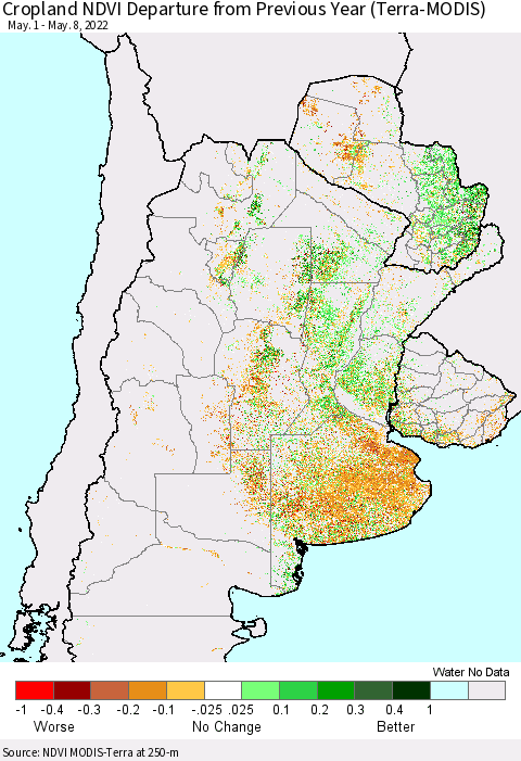 Southern South America Cropland NDVI Departure from Previous Year (Terra-MODIS) Thematic Map For 5/1/2022 - 5/8/2022