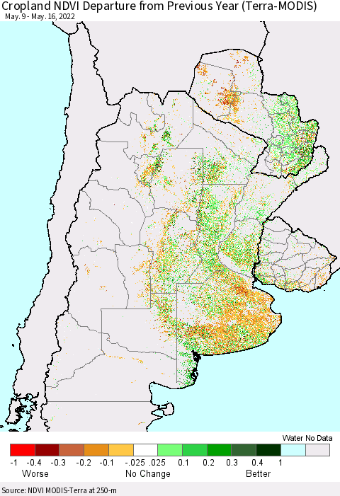 Southern South America Cropland NDVI Departure from Previous Year (Terra-MODIS) Thematic Map For 5/9/2022 - 5/16/2022