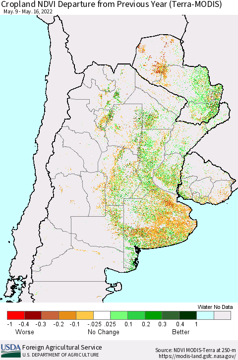Southern South America Cropland NDVI Departure from Previous Year (Terra-MODIS) Thematic Map For 5/11/2022 - 5/20/2022
