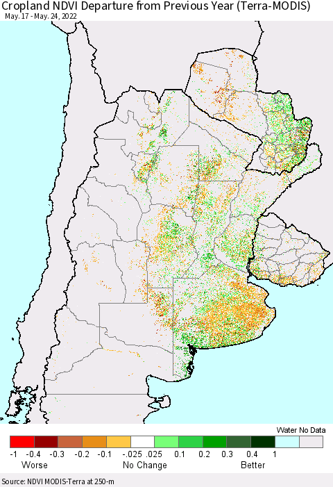 Southern South America Cropland NDVI Departure from Previous Year (Terra-MODIS) Thematic Map For 5/17/2022 - 5/24/2022