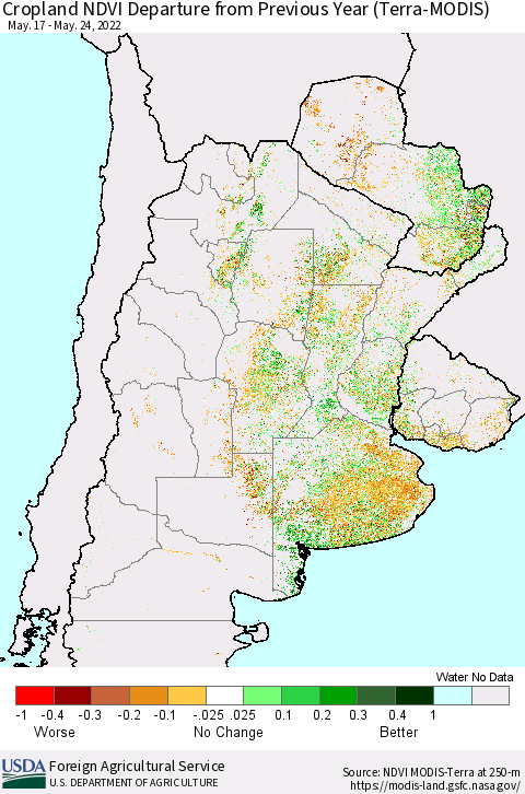 Southern South America Cropland NDVI Departure from Previous Year (Terra-MODIS) Thematic Map For 5/21/2022 - 5/31/2022