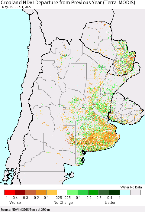 Southern South America Cropland NDVI Departure from Previous Year (Terra-MODIS) Thematic Map For 5/25/2022 - 6/1/2022