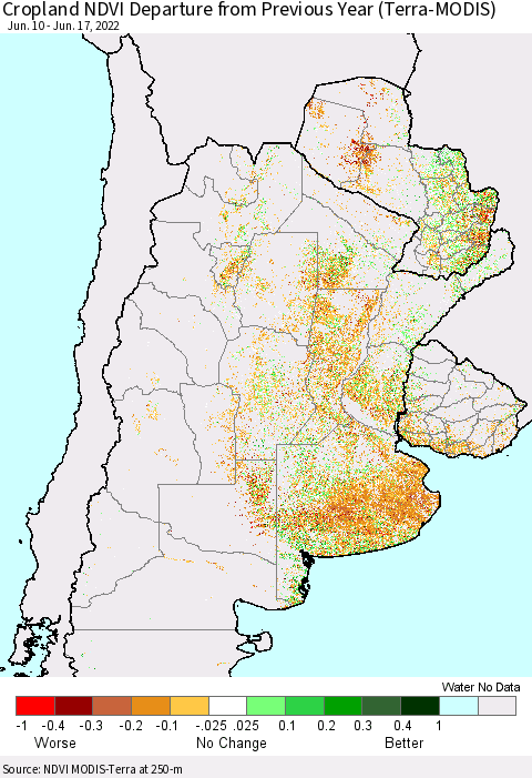Southern South America Cropland NDVI Departure from Previous Year (Terra-MODIS) Thematic Map For 6/10/2022 - 6/17/2022