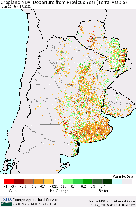 Southern South America Cropland NDVI Departure from Previous Year (Terra-MODIS) Thematic Map For 6/11/2022 - 6/20/2022
