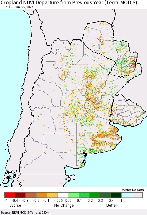 Southern South America Cropland NDVI Departure from Previous Year (Terra-MODIS) Thematic Map For 6/18/2022 - 6/25/2022