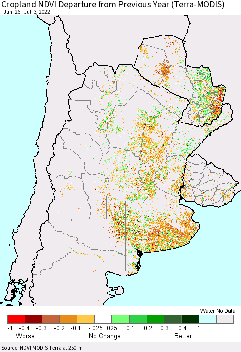 Southern South America Cropland NDVI Departure from Previous Year (Terra-MODIS) Thematic Map For 6/26/2022 - 7/3/2022