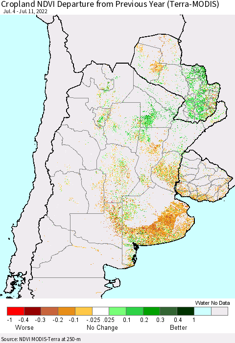 Southern South America Cropland NDVI Departure from Previous Year (Terra-MODIS) Thematic Map For 7/4/2022 - 7/11/2022