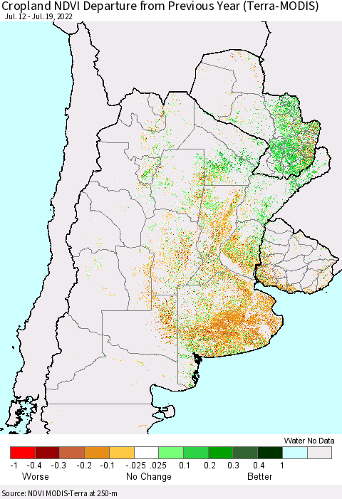 Southern South America Cropland NDVI Departure from Previous Year (Terra-MODIS) Thematic Map For 7/12/2022 - 7/19/2022