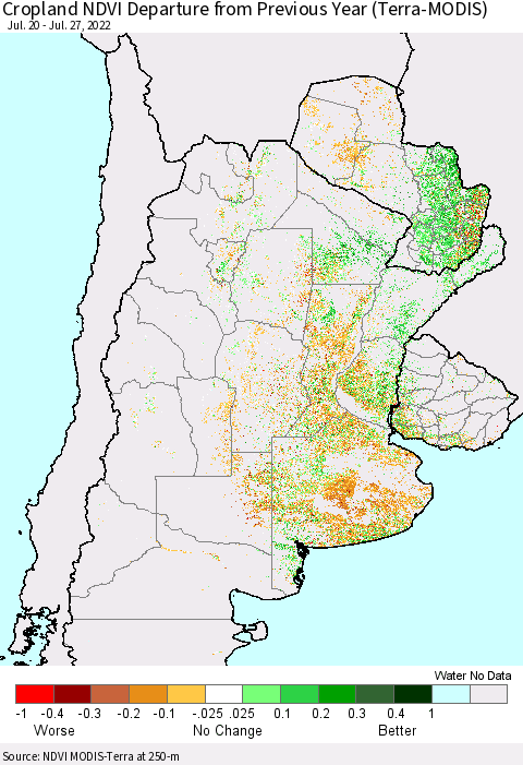 Southern South America Cropland NDVI Departure from Previous Year (Terra-MODIS) Thematic Map For 7/20/2022 - 7/27/2022